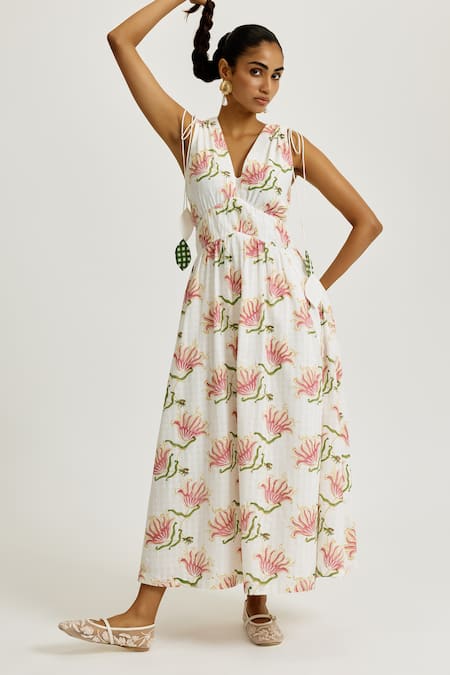 Jodi White Handloom Cotton V-neck Moor Handwoven Dress 