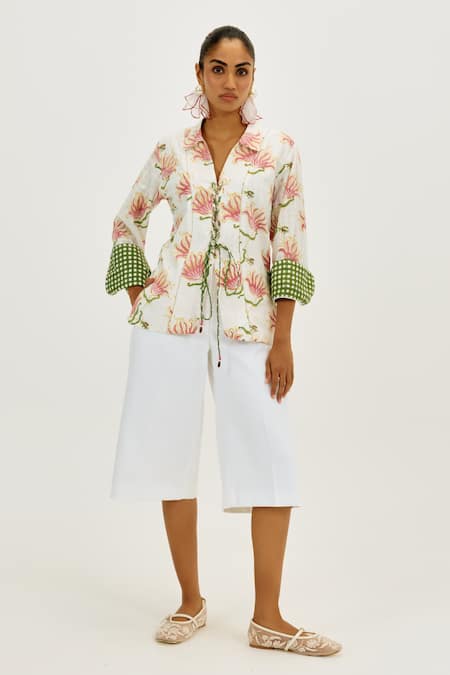 Jodi White Handloom Cotton V-neck Moor Handwoven Blouse 