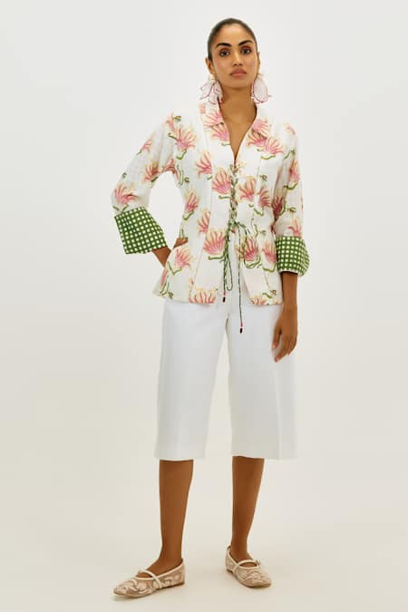 Buy_Jodi_White Handloom Cotton V-neck Moor Handwoven Blouse_Online_at_Aza_Fashions