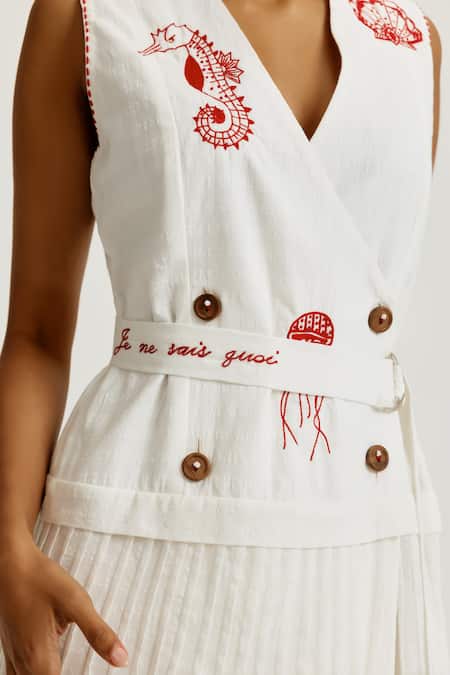 Shop Jodi White Handloom Cotton Embroidery V-neck Zena Handwoven Blazer Dress Online at Aza Fashions Shop_Jodi_White Handloom Cotton Embroidery V-neck Zena Handwoven Blazer Dress _Online_at_Aza_Fashions