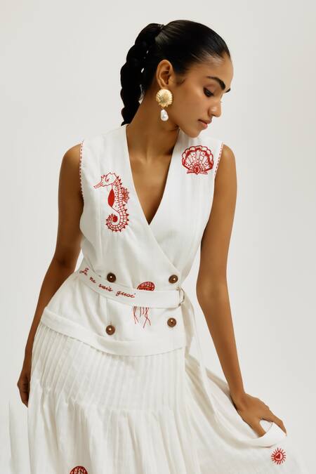 Buy Jodi White Handloom Cotton Embroidery V-neck Zena Handwoven Blazer Dress Buy_Jodi_White Handloom Cotton Embroidery V-neck Zena Handwoven Blazer Dress