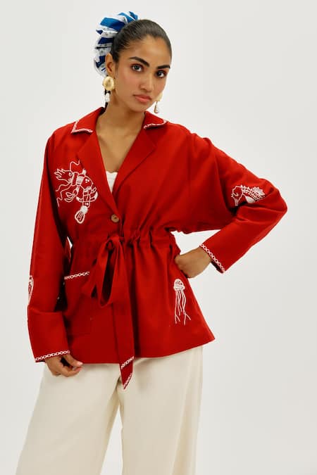 Jodi Red Cotton Embroidery Collared Oro Handloom Shacket 