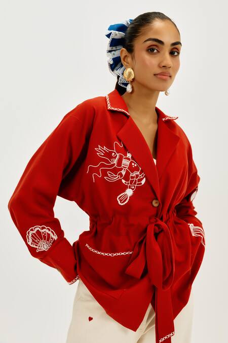 Jodi_Red Cotton Embroidery Collared Oro Handloom Shacket _Online_at_Aza_Fashions
