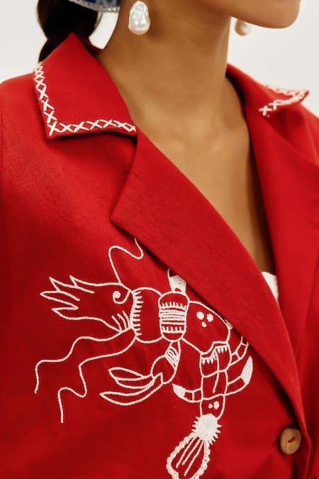 Buy_Jodi_Red Cotton Embroidery Collared Oro Handloom Shacket _Online_at_Aza_Fashions