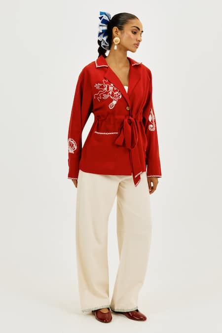 Shop_Jodi_Red Cotton Embroidery Collared Oro Handloom Shacket _Online_at_Aza_Fashions