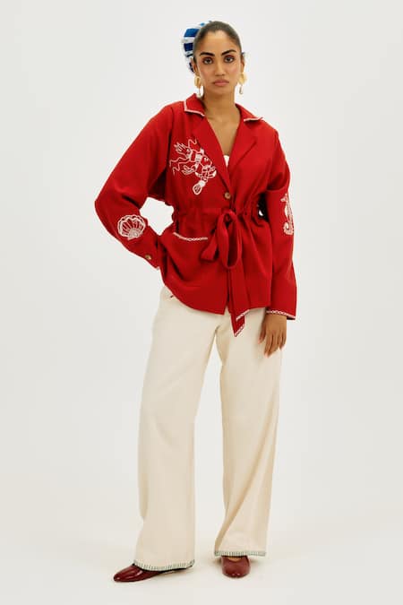 Jodi_Red Cotton Embroidery Collared Oro Handloom Shacket _at_Aza_Fashions
