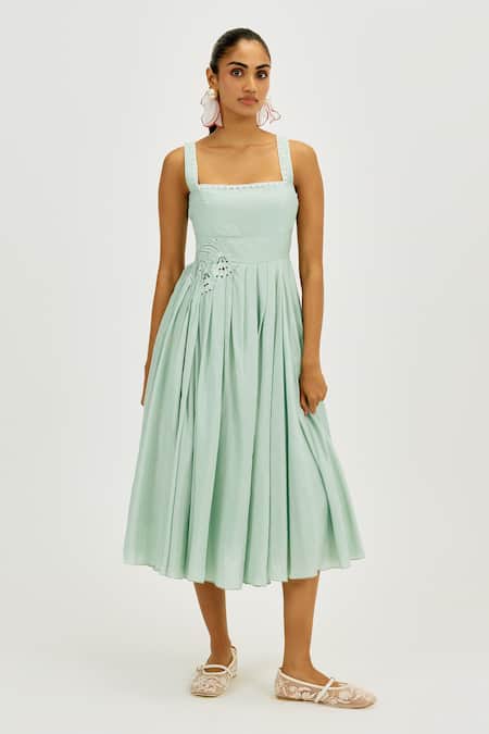 Jodi Green Muslin, Silk Embroidery, Beads Square Neck Cuna Pleated Dress 