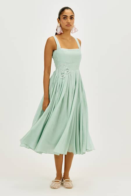 Jodi_Green Muslin, Silk Embroidery, Beads Square Neck Cuna Pleated Dress_Online_at_Aza_Fashions