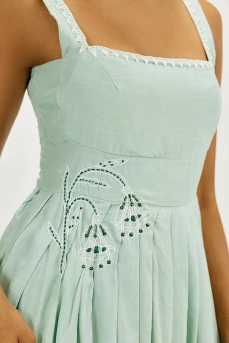 Buy_Jodi_Green Muslin, Silk Embroidery, Beads Square Neck Cuna Pleated Dress_Online_at_Aza_Fashions