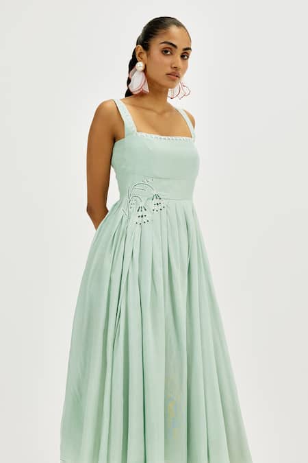 Shop_Jodi_Green Muslin, Silk Embroidery, Beads Square Neck Cuna Pleated Dress_Online_at_Aza_Fashions