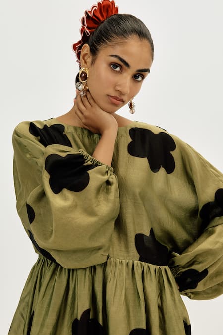 Jodi_Olive Green Chanderi Round Neck Kuro Short Dress _Online_at_Aza_Fashions