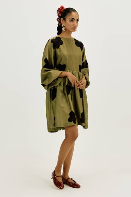 Buy_Jodi_Olive Green Chanderi Round Neck Kuro Short Dress _Online_at_Aza_Fashions
