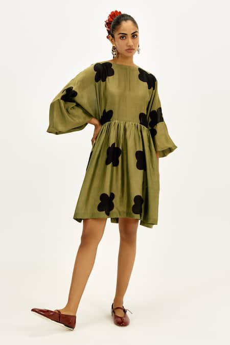 Jodi Olive Green Chanderi Round Neck Kuro Short Dress 