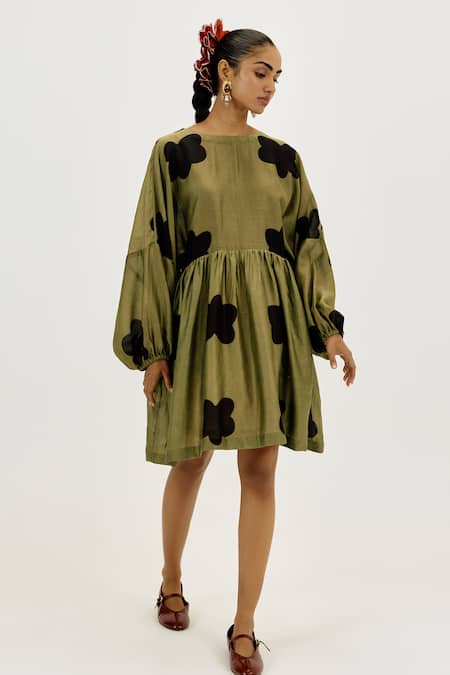 Shop_Jodi_Olive Green Chanderi Round Neck Kuro Short Dress _Online_at_Aza_Fashions