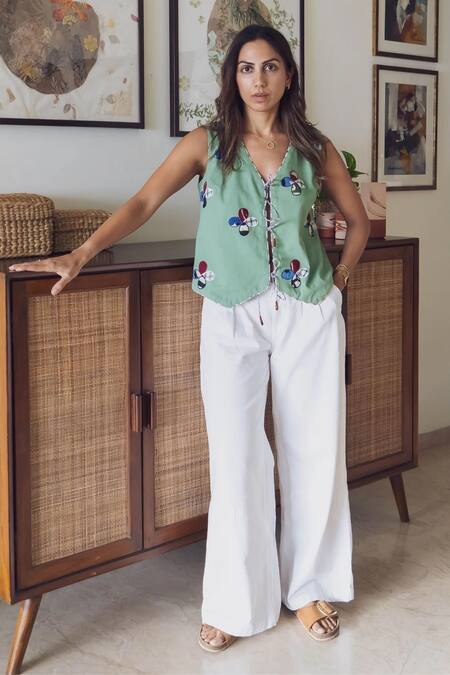 Jodi Green Cotton Applique V-neck Emi Waistcoat Online at Aza Fashions Jodi_Green Cotton Applique V-neck Emi Waistcoat _Online_at_Aza_Fashions