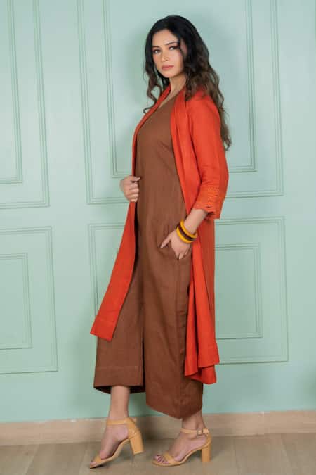 Buy_Gothilo_Brown Linen Lace V-, Open Gulmohar Jacket And Jumpsuit Set _Online_at_Aza_Fashions
