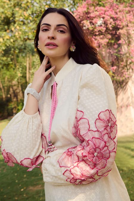 Buy_Nika 1.0_Pink Cotton Embroidery Mandarin Collar Rika Puff Sleeve _Online_at_Aza_Fashions