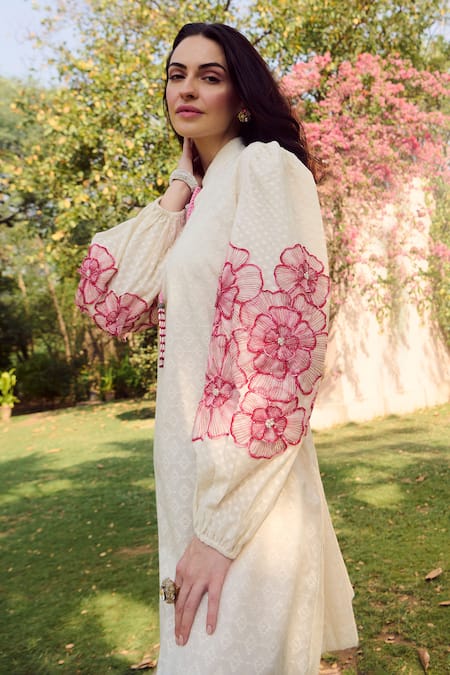 Shop_Nika 1.0_Pink Cotton Embroidery Mandarin Collar Rika Puff Sleeve _Online_at_Aza_Fashions