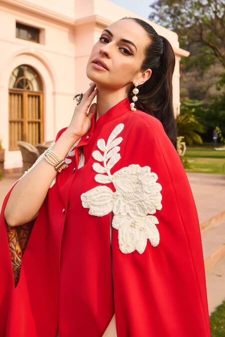 Nika 1.0_Red Crepe Embroidery Collared And White Cape Top _Online_at_Aza_Fashions