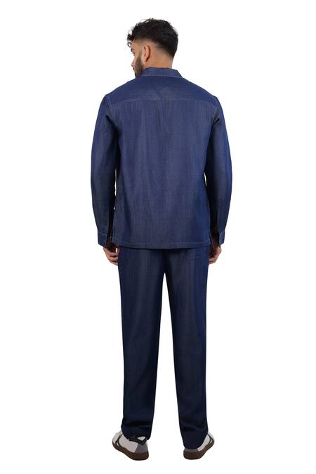 Raw & Rustic By Niti Bothra Blue Tencel, Denim Patchwork Dark River Flow Shacket at Aza Fashions Raw & Rustic By Niti Bothra_Blue Tencel, Denim Patchwork Dark River Flow Shacket _at_Aza_Fashions