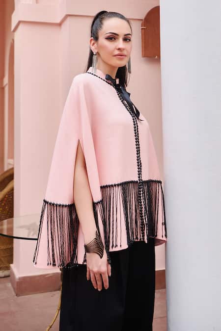 Nika 1.0_Pink Crepe Fringe, Ribbons High Neck Black And Strings Cape Top _Online_at_Aza_Fashions