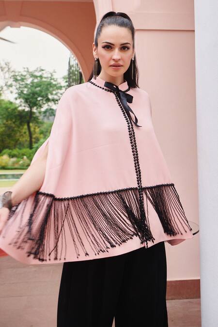 Buy_Nika 1.0_Pink Crepe Fringe, Ribbons High Neck Black And Strings Cape Top _Online_at_Aza_Fashions