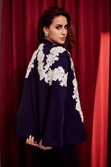 Nika 1.0_Navy High Neck Nora Applique Cape _Online_at_Aza_Fashions
