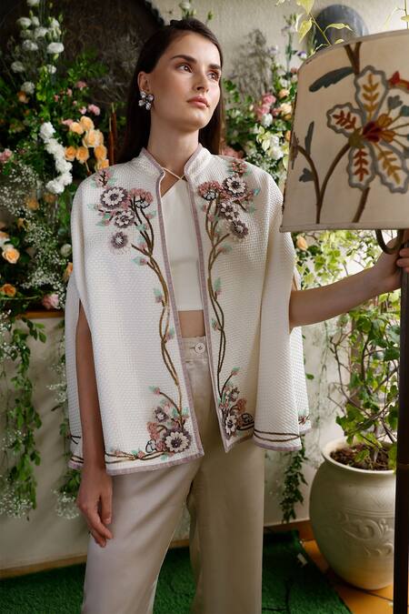 Nika 1.0_Ivory Mandarin Collar Ilana Hand Embroidered Cape _Online_at_Aza_Fashions