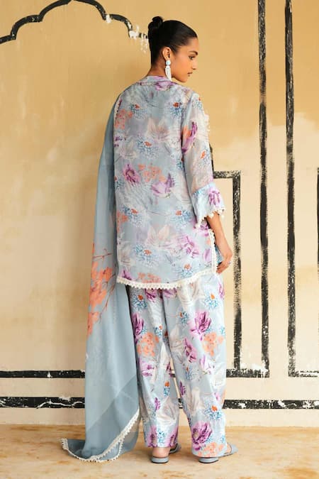 Shop Rainas Blue Organza, Cambric Lace, Embroidery Thar Mirage Printed Kurta Salwar Set at Aza Fashions Shop_Rainas_Blue Organza, Cambric Lace, Embroidery Thar Mirage Printed Kurta Salwar Set _at_Aza_Fashions