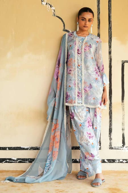 Rainas Blue Organza, Cambric Lace, Embroidery Thar Mirage Printed Kurta Salwar Set 