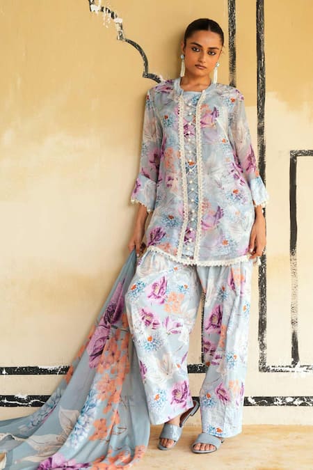 Shop Rainas Blue Organza, Cambric Lace, Embroidery Thar Mirage Printed Kurta Salwar Set Online at Aza Fashions Shop_Rainas_Blue Organza, Cambric Lace, Embroidery Thar Mirage Printed Kurta Salwar Set _Online_at_Aza_Fashions