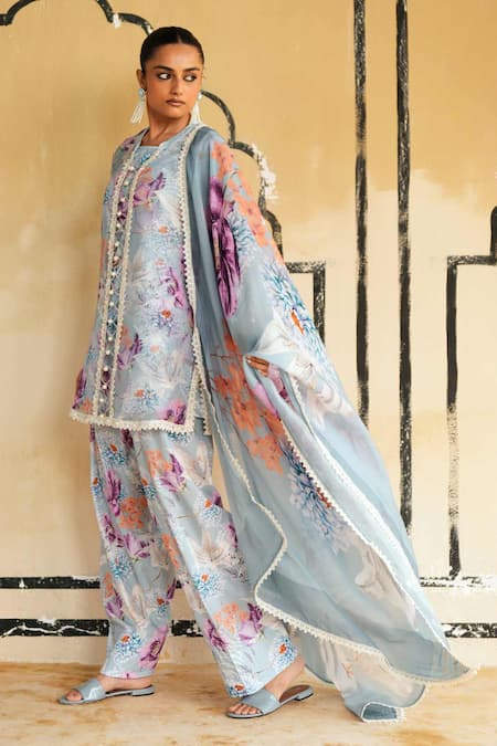 Rainas Blue Organza, Cambric Lace, Embroidery Thar Mirage Printed Kurta Salwar Set at Aza Fashions Rainas_Blue Organza, Cambric Lace, Embroidery Thar Mirage Printed Kurta Salwar Set _at_Aza_Fashions