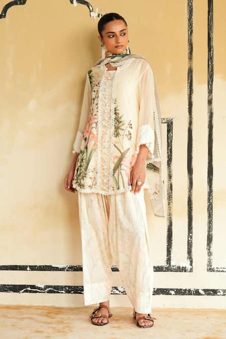 Rainas_Ivory Organza, Cambric Lace, Embroidery Jaisalmer Glow Printed Kurta Salwar Set _Online_at_Aza_Fashions