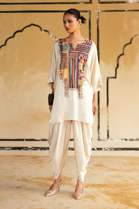 Rainas_Cream Satin Embroidery, Mirrors, Tassels Marusthal Muse Top And Dhoti Pant Set _Online_at_Aza_Fashions