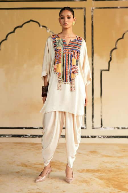 Buy_Rainas_Cream Satin Embroidery, Mirrors, Tassels Marusthal Muse Top And Dhoti Pant Set _Online_at_Aza_Fashions