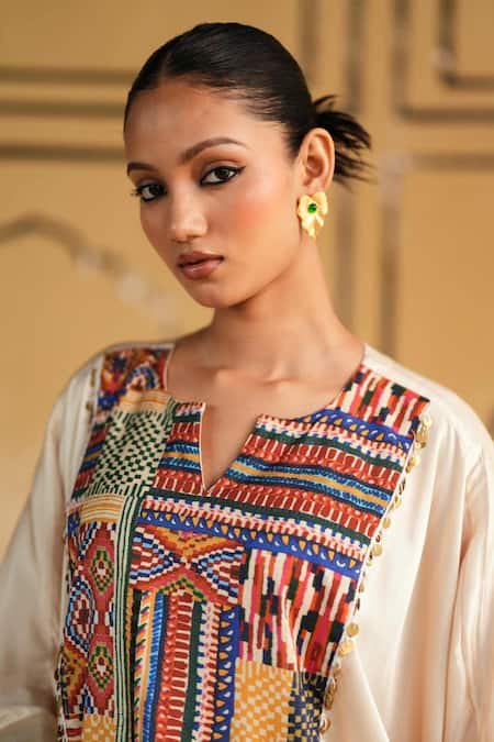 Buy_Rainas_Cream Satin Embroidery, Mirrors, Tassels Marusthal Muse Top And Dhoti Pant Set 