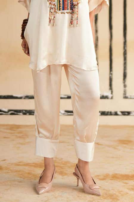Rainas_Cream Satin Embroidery, Tassels, Beads Split Barmer Dusk Printed Top And Pant Set _Online_at_Aza_Fashions