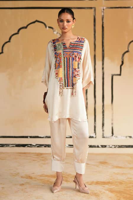 Shop_Rainas_Cream Satin Embroidery, Tassels, Beads Split Barmer Dusk Printed Top And Pant Set _Online_at_Aza_Fashions