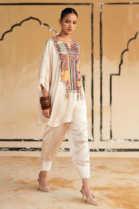Rainas_Cream Satin Embroidery, Tassels, Beads Split Barmer Dusk Printed Top And Pant Set _at_Aza_Fashions