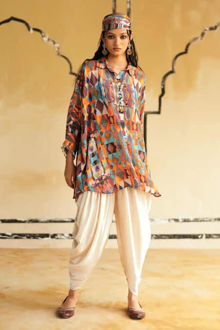 Buy_Rainas_Multi Color Cotton, Silk, Satin Sequins Rann Serenity Top And Dhoti Pant Set _Online_at_Aza_Fashions