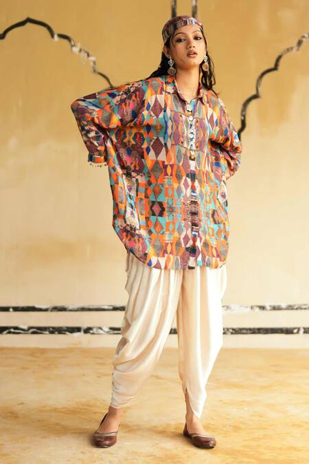 Shop_Rainas_Multi Color Cotton, Silk, Satin Sequins Rann Serenity Top And Dhoti Pant Set _Online_at_Aza_Fashions