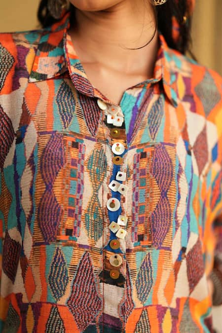 Buy_Rainas_Multi Color Cotton, Silk, Satin Collared Dholavira Drift Top And Pant Set _Online_at_Aza_Fashions