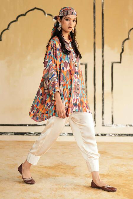 Shop_Rainas_Multi Color Cotton, Silk, Satin Collared Dholavira Drift Top And Pant Set _Online_at_Aza_Fashions