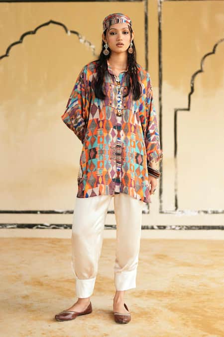 Rainas_Multi Color Cotton, Silk, Satin Collared Dholavira Drift Top And Pant Set _at_Aza_Fashions