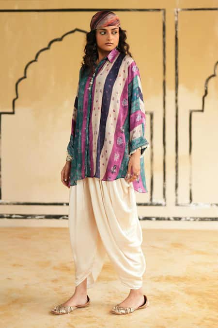 Rainas_Teal Cotton, Silk, Satin Collared Pokhran Blush Printed Top And Dhoti Pant Set _Online_at_Aza_Fashions