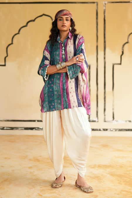 Buy_Rainas_Teal Cotton, Silk, Satin Collared Pokhran Blush Printed Top And Dhoti Pant Set _Online_at_Aza_Fashions