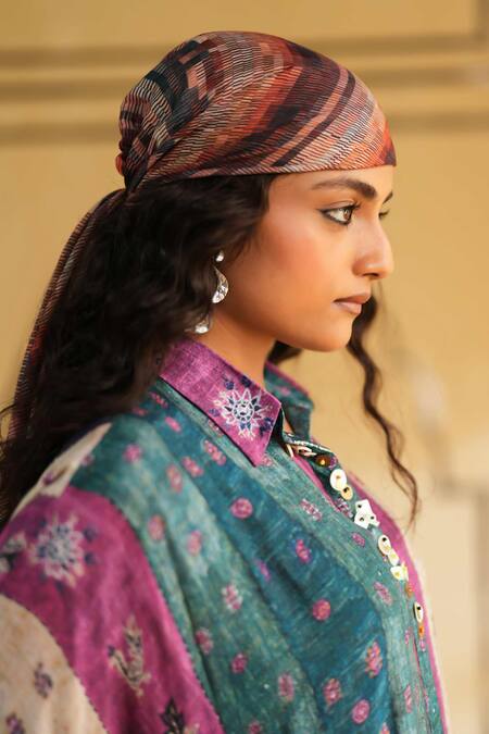 Rainas_Teal Cotton, Silk, Satin Collared Pokhran Blush Printed Top And Dhoti Pant Set _at_Aza_Fashions