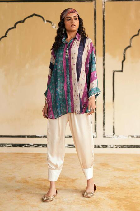 Buy_Rainas_Multi Color Cotton, Silk, Satin Stones Collared Desert Rose Hues Top And Pant Set _Online_at_Aza_Fashions