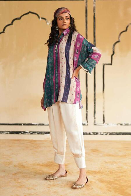 Rainas_Multi Color Cotton, Silk, Satin Stones Collared Desert Rose Hues Top And Pant Set _at_Aza_Fashions