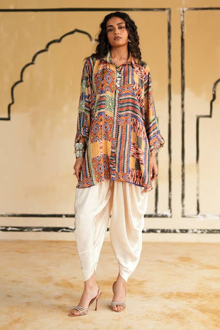 Shop_Rainas_Multi Color Cotton, Silk, Satin Jodhpur Sands Printed Top And Dhoti Pant Set _Online_at_Aza_Fashions